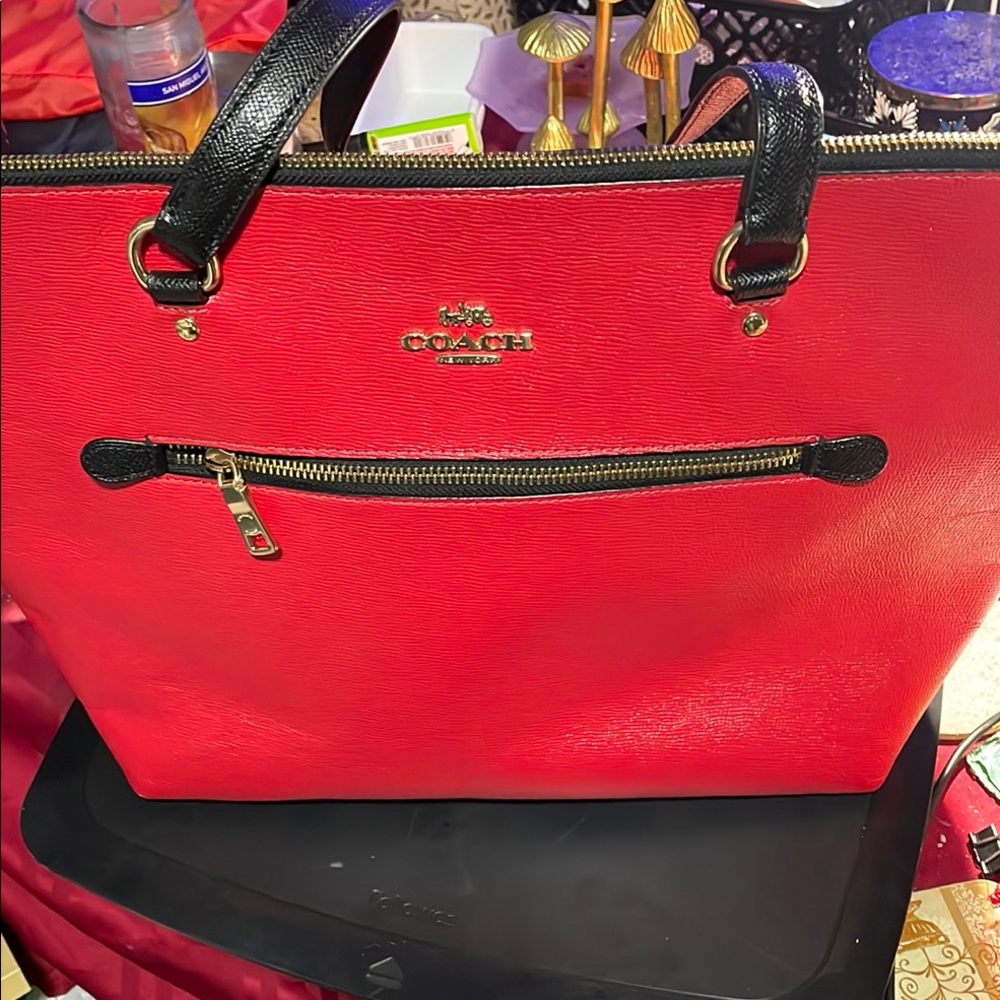 Coach Red and Black Leather Tote Bag